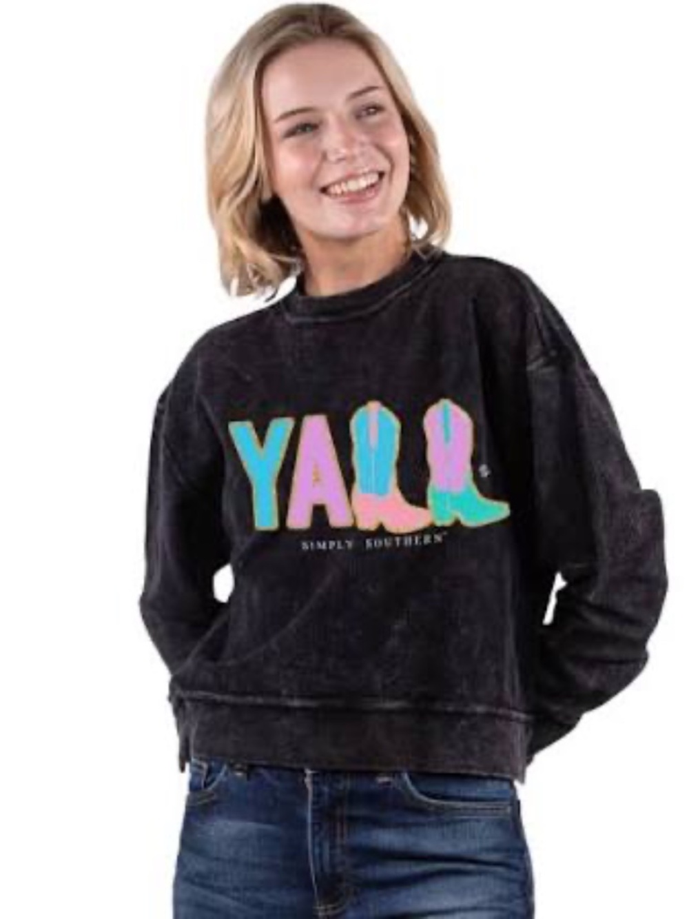 Simply Southern Washed Ribbed Black 'Y'all' Boots Sweatshirt Size XXL